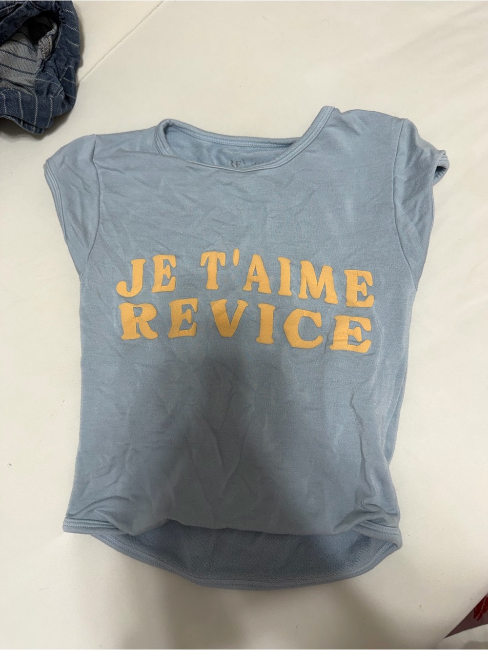 REVICE Light Blue Tee with Yellow 'Je T'aime Revice' Graphic